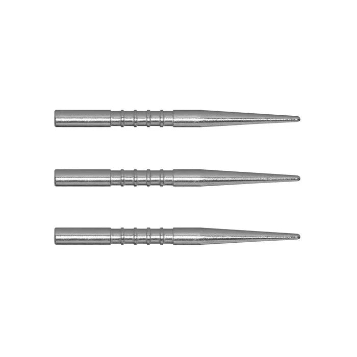Three silver steel dart tips aligned horizontally on white background, highlighting precision grip grooves and sharp points