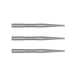 Three silver steel dart tips aligned horizontally on white background, highlighting precision grip grooves and sharp points