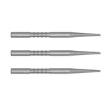 Three silver steel dart points with precision grooves, aligned horizontally on white background for dartboard setup