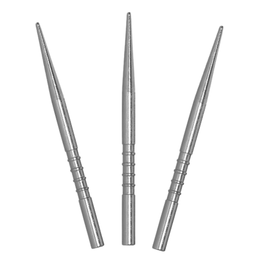 Three silver steel dart tips isolated on white background, showing grip rings and sharp points for dartboard accuracy