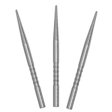 Three silver steel dart tips isolated on white background, showing grip rings and sharp points for dartboard accuracy