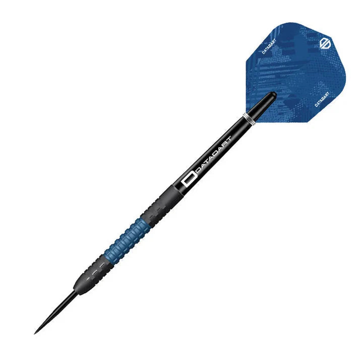 Full view tungsten dart with blue hexagonal grip, black shaft, and blue patterned flight isolated on white background