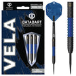 Steel tip darts set in retail packaging with close-up of single dart featuring blue hexagonal grip and 90% tungsten barrel