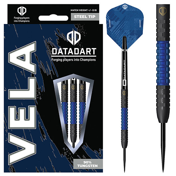Steel tip darts set in retail packaging with close-up of single dart featuring blue hexagonal grip and 90% tungsten barrel