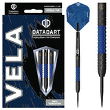 Steel tip darts set in retail packaging with close-up of single dart featuring blue hexagonal grip and 90% tungsten barrel