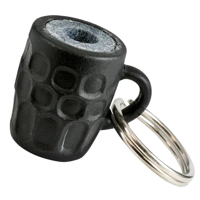 Close-up angled view of beer glass darts sharpener keyring with visible sharpening stone cavity, isolated for dart accessories buyers