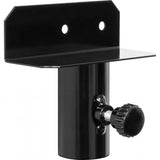Angled close-up of darts travel stand bracket with mounting plate and adjustment knob, isolated on white background