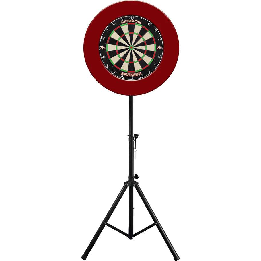 Portable darts travel stand with adjustable tripod base and mounted dartboard, full product view on white background