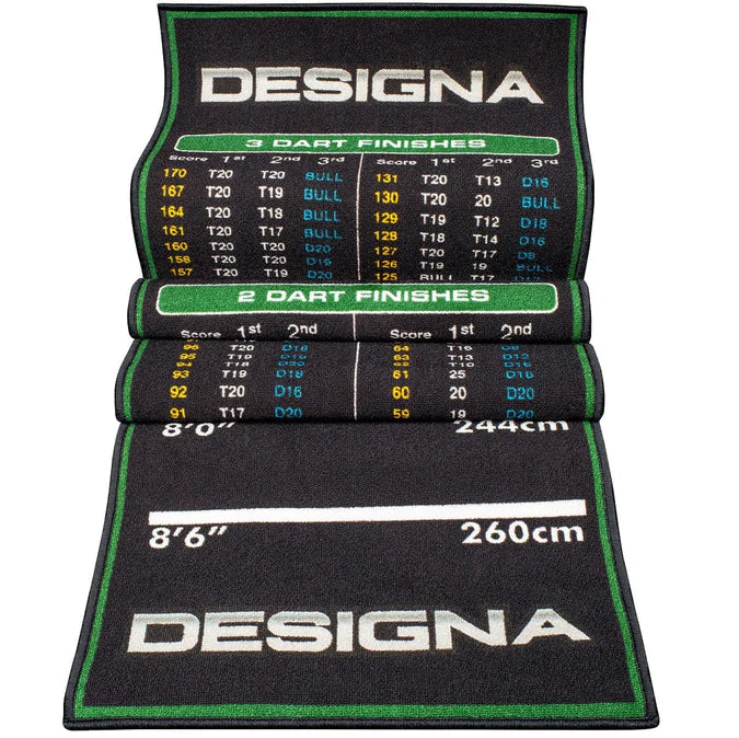 Rolled-out green dart checkout carpet mat with finish chart and oche line, official darts mat measurements visible