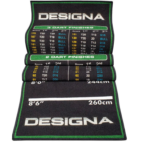 Rolled-out green dart checkout carpet mat with finish chart and oche line, official darts mat measurements visible