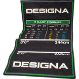 Angled view of green dart mat with official oche lines, 3-dart finish table, and non-slip backing for dartboard setup
