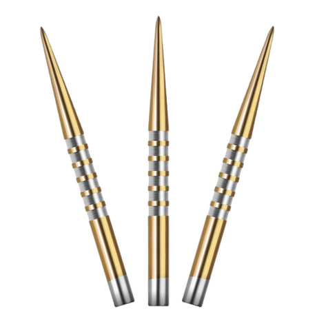 Three gold dart points with silver ringed grip design displayed upright on white background for steel tip darts