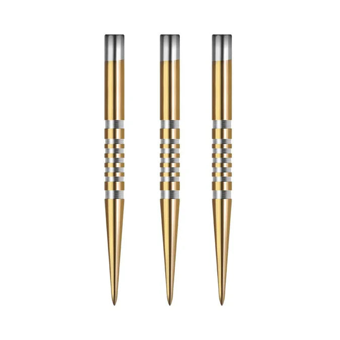 Full view of three gold dart points with silver grip rings, arranged vertically on white background, ideal for steel tip dart setup