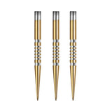 Full view of three gold dart points with silver grip rings, arranged vertically on white background, ideal for steel tip dart setup