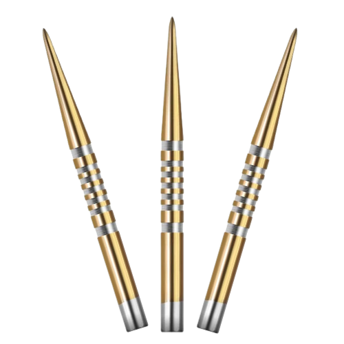 Three gold dart points with grooved grip detail displayed on white background for MK4 steel tip dart accessories