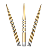 Three gold dart points with grooved grip detail displayed on white background for MK4 steel tip dart accessories