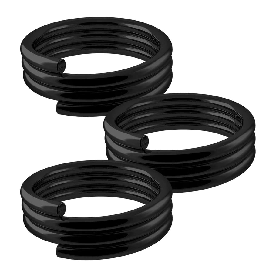 Three black dart shaft O-rings isolated on white, full view highlighting smooth finish for secure nylon shaft fit