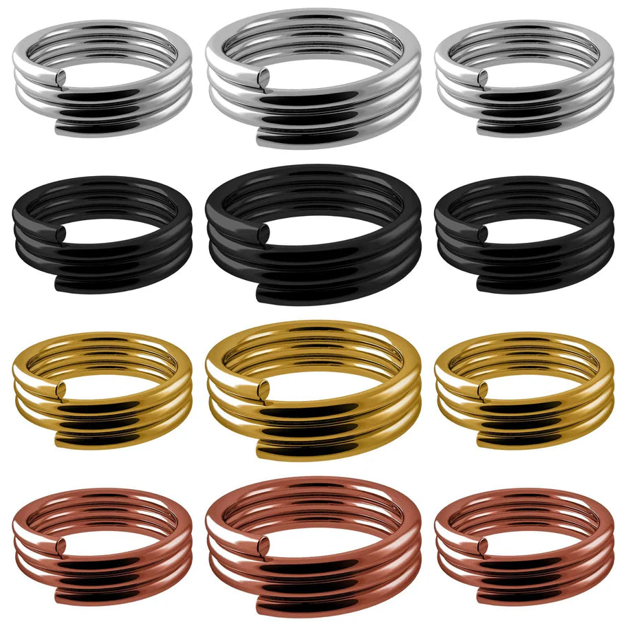 Twelve dart shaft spring O-rings in silver, black, gold, and bronze, isolated on white, full view for shaft retainer setup