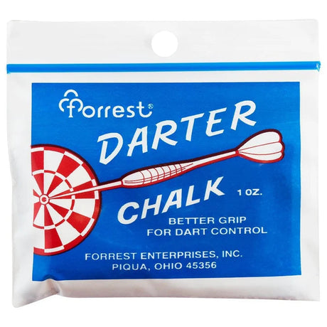 Dart grip chalk bag in retail packaging with blue label, dartboard and dart illustration, isolated on white background