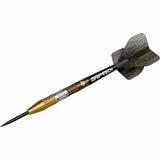 Angled full view of 90% tungsten dart with gold, bronze, and silver grip zones, black flight, isolated on white background