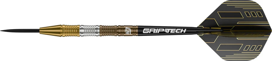 Full view tungsten dart with gold, silver, and bronze barrel, black GripTech shaft, and geometric black flight on white background