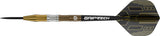 Full view tungsten dart with gold, silver, and bronze barrel, black GripTech shaft, and geometric black flight on white background