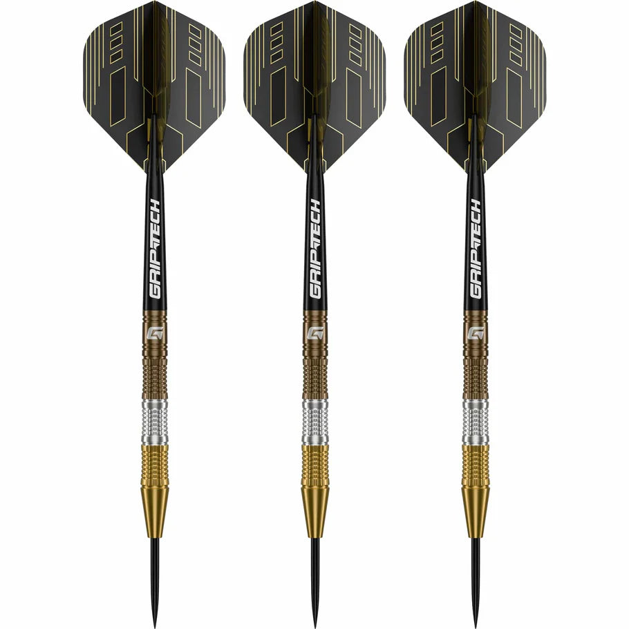 Set of three 90% tungsten darts with gold, bronze, and silver grooved barrels, black Grip Tech shafts, and geometric flights on white