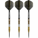 Set of three 90% tungsten darts with gold, bronze, and silver grooved barrels, black Grip Tech shafts, and geometric flights on white