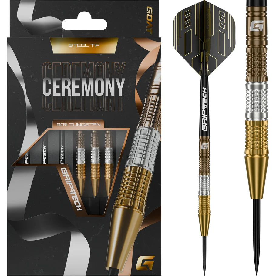 Steel tip 90% tungsten darts with gold, silver, and bronze barrels in retail packaging and single dart close-up showing knurled grip.