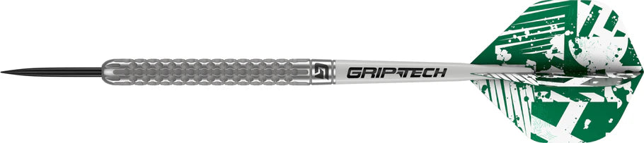 Single 90% tungsten dart with dimpled grip texture, GRIPTECH shaft, green geometric flight, full side view on white background