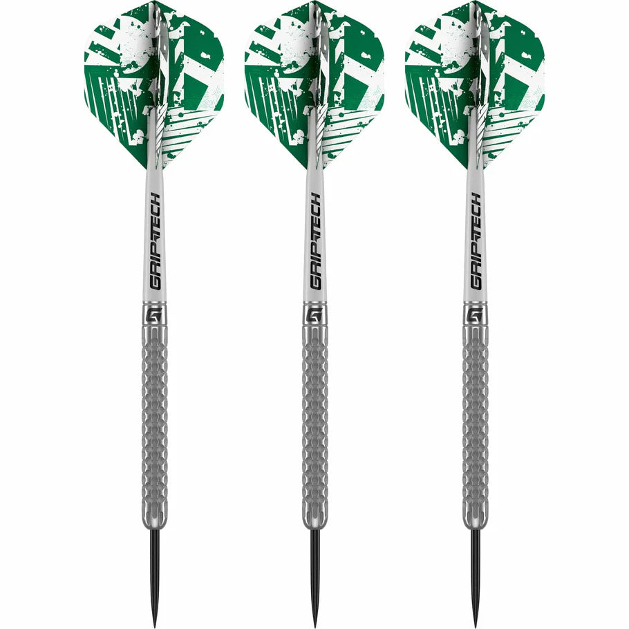 Three 90% tungsten darts side by side on white background, dimpled grip barrels, green patterned flights, precision steel tips