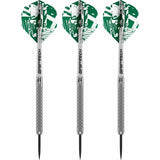 Three 90% tungsten darts side by side on white background, dimpled grip barrels, green patterned flights, precision steel tips