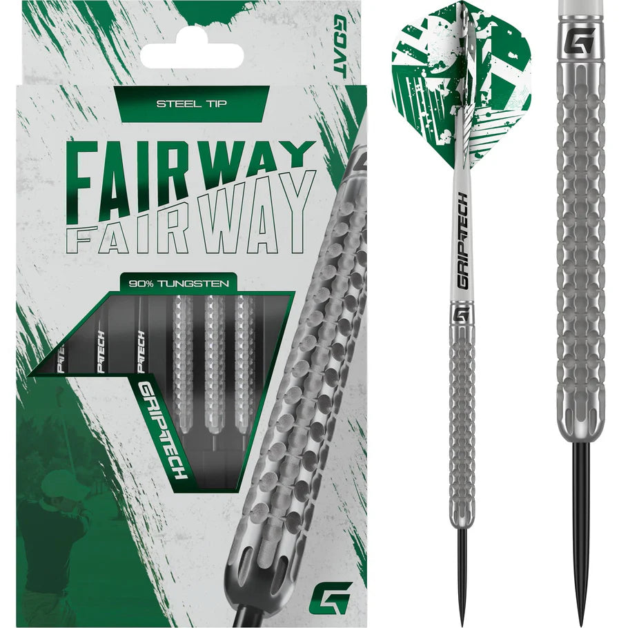 Steel tip tungsten darts in retail packaging with clear window and close-up of dimpled grip barrel design