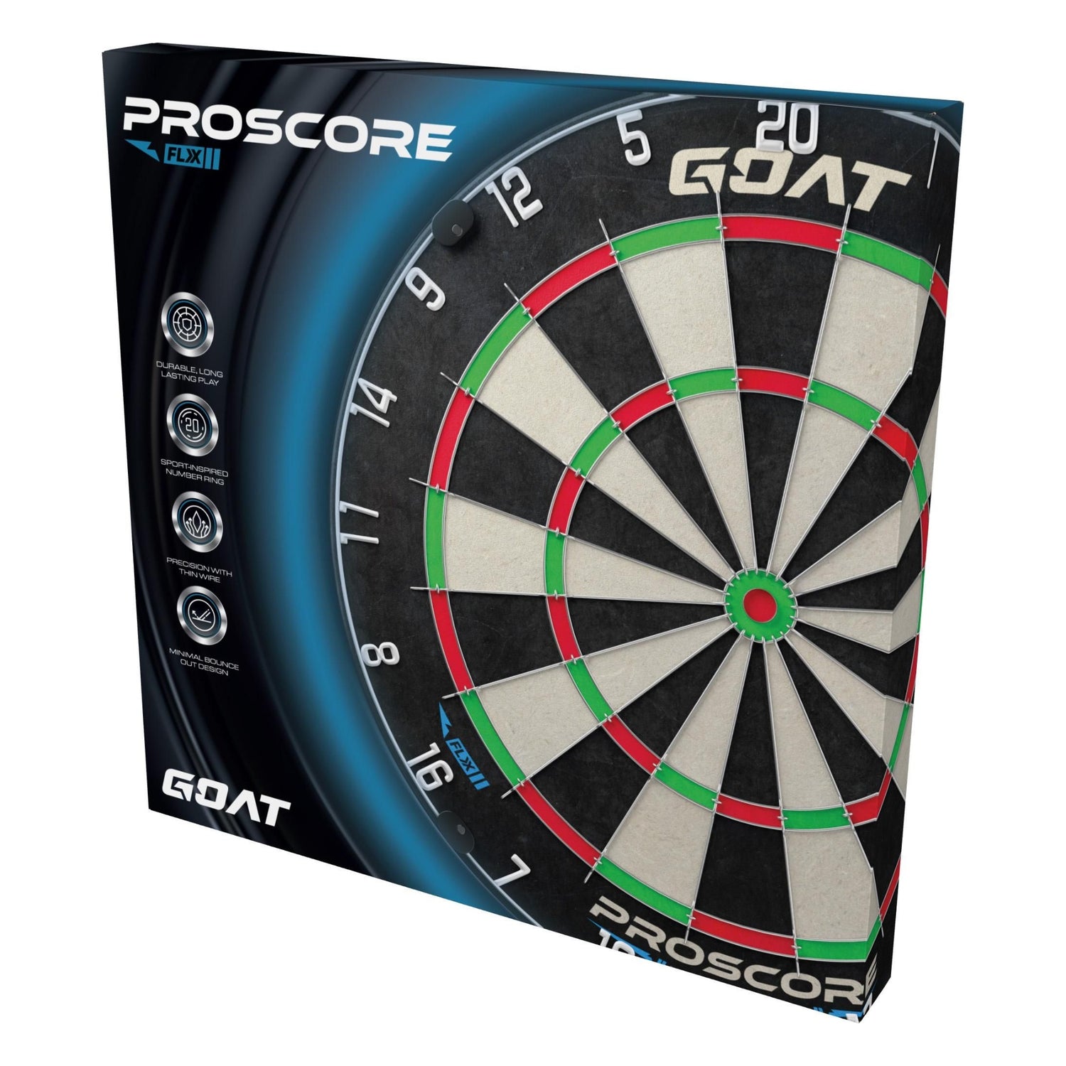 Angled view of the Goat Proscore FLX dartboard alongside its retail packaging