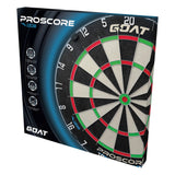 Angled view of the Goat Proscore FLX dartboard alongside its retail packaging