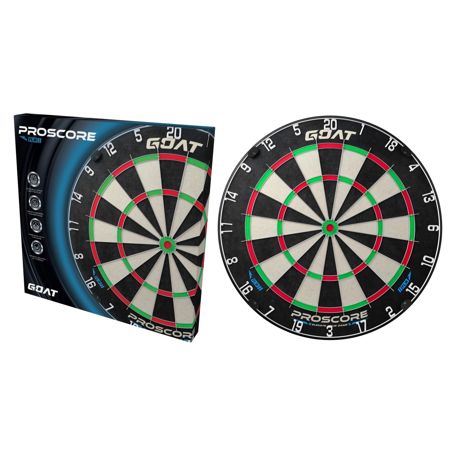 Goat Proscore FLX dartboard shown with its retail box