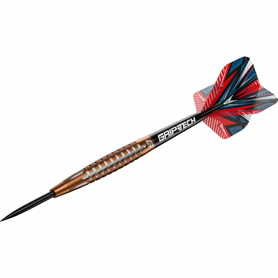 Angled view of 90% tungsten dart with bronze barrel, football lace grip, black shaft, and red-blue patterned flight on white background
