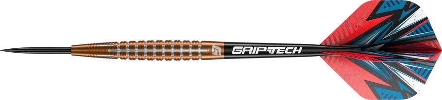 Full view of 90% tungsten dart with bronze PVD coated barrel, football lace-inspired grip, black tip, and red-blue patterned flight