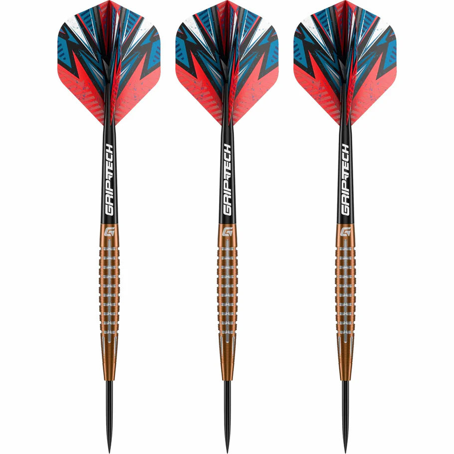 Set of three 90% tungsten darts with bronze grooved barrels, football lace grip design, and red-blue flights on white background