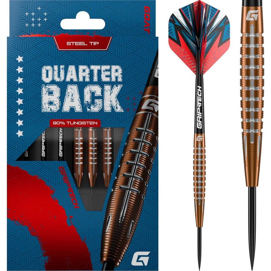 Steel tip 90% tungsten darts in retail packaging with bronze football lace barrel and precision grip texture, full product view
