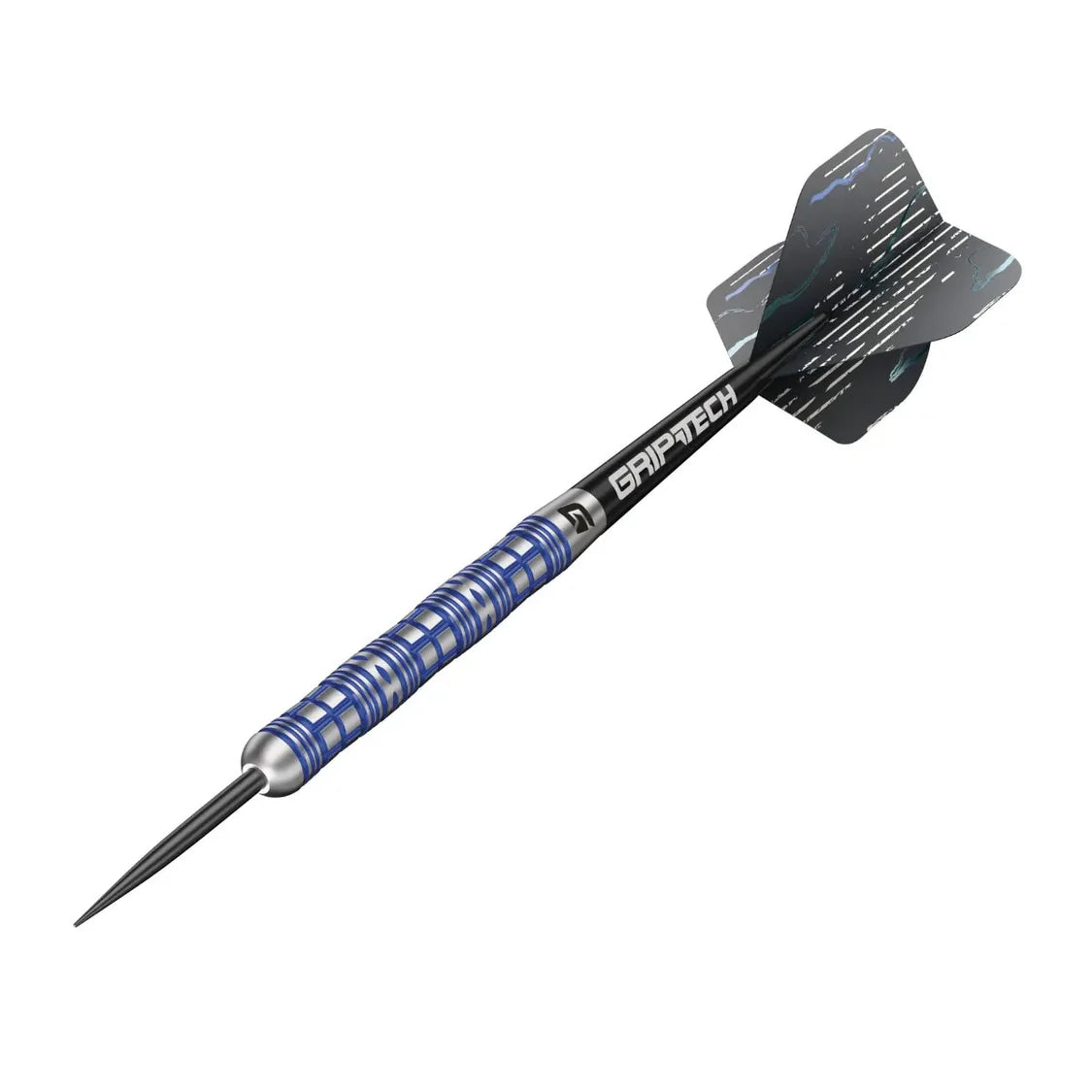 Angled tungsten dart with blue ringed grip, steel tip, and patterned black flight isolated on white background