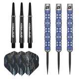 Top-down view of Surfer 80% tungsten dart set with three grooved barrels, black GripTech shafts, and matching flights on white background