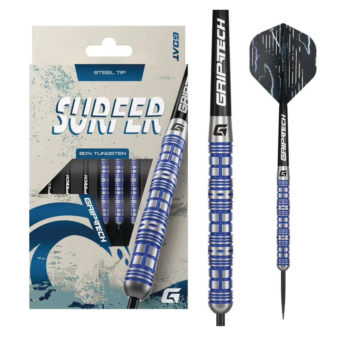 Full view of Surfer 80% tungsten darts in retail packaging, showing blue grip rings, detailed steel tip barrels, and striking dart flights