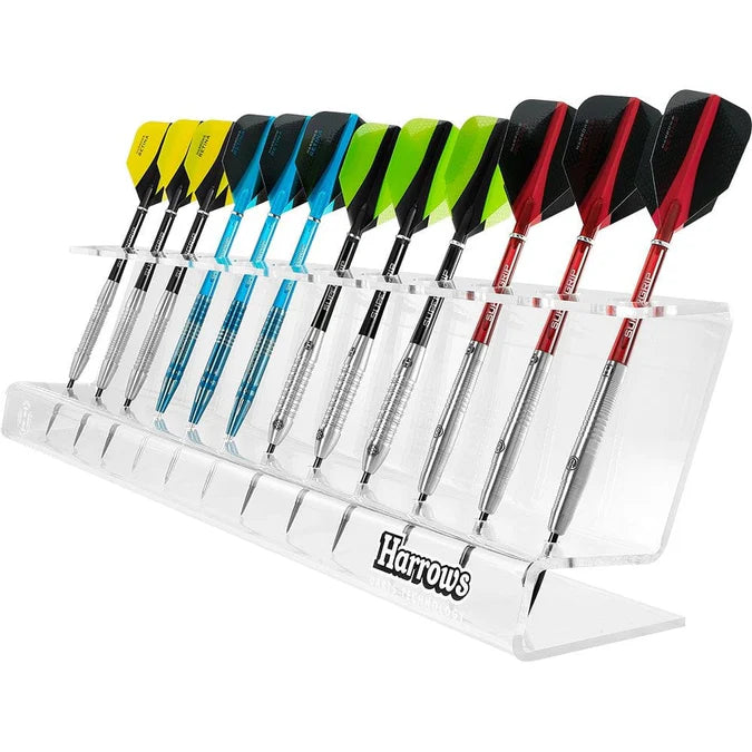 Acrylic dart display stand holding 12 assembled darts, angled view, clear slots, organized for dart storage and display on white background