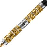 Close-up of 95% tungsten dart barrel with gold diamond knurled grip and silver engraved central band, precision dart equipment