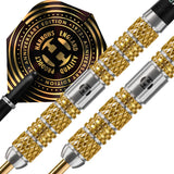 Close-up of 95% tungsten darts with gold knurled grip, barrel engraving, and anniversary flight, highlighting dart barrel texture.