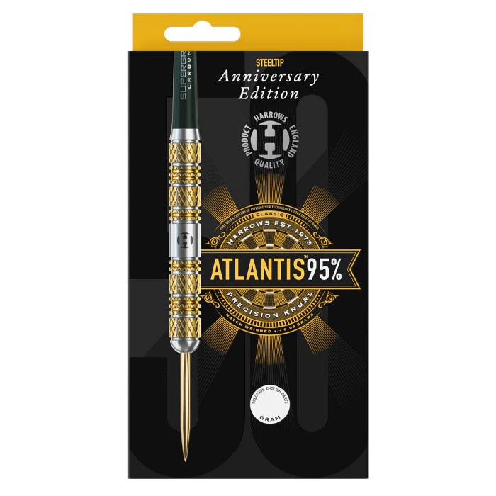 Steel tip 95% tungsten dart in retail packaging with gold knurled grip, single dart displayed on branded anniversary edition card.