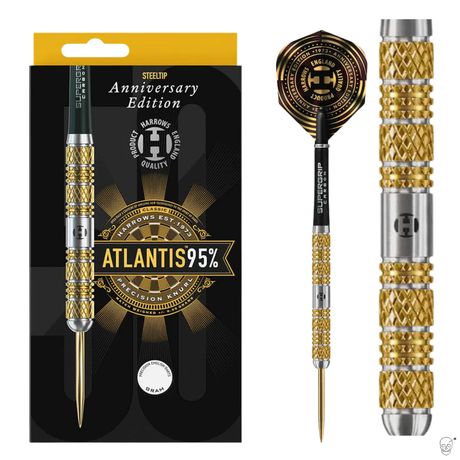Atlantis 95% tungsten steel tip dart shown in packaging and isolated on white, featuring precision gold knurled barrel and engraved details.