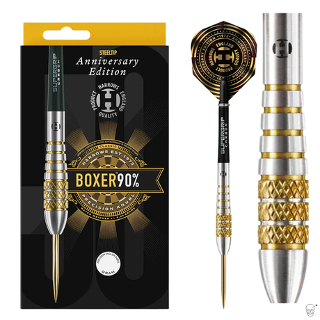 Steel tip 90% tungsten darts with gold knurled barrel, precision grip texture, in packaging and close-up detail, ideal for dart players