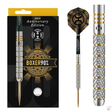 Anniversary steel tip tungsten darts in retail box with close-up of precision knurled barrel grip and gold accent rings